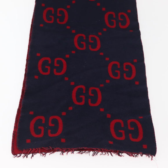 GUCCI GG Jacquard Scarf Wool Navy Red Auth 174669A