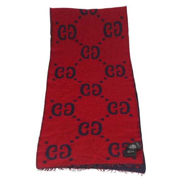 GUCCI GG Jacquard Scarf Wool Navy Red Auth 174669A