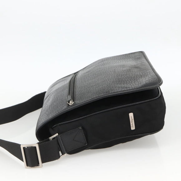 Salvatore Ferragamo Shoulder Bag Nylon Leather Black Silver Auth 174702