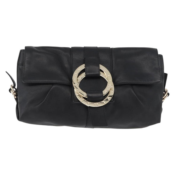 BVLGARI Clutch Bag Leather Black Gold Auth 174713A