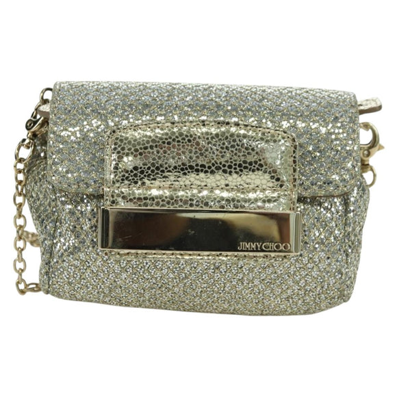 Jimmy Choo Chain Sequin Shoulder Bag Leather Gold Auth 174755A