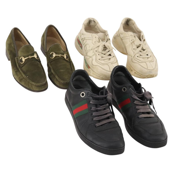 GUCCI Shoes Suede Leather 3 Set Black Khaki white Auth 174777