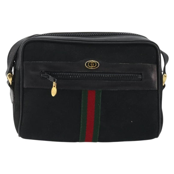 GUCCI GG Canvas Web Sherry Line Shoulder Bag Black Gold Auth 174868A