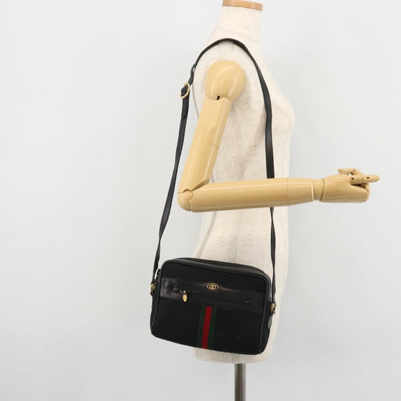 GUCCI GG Canvas Web Sherry Line Shoulder Bag Black Gold Auth 174868A