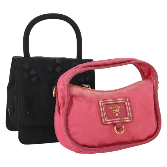 PRADA Pouch Hand Bag Nylon 2 Set Pink Black Auth 174958