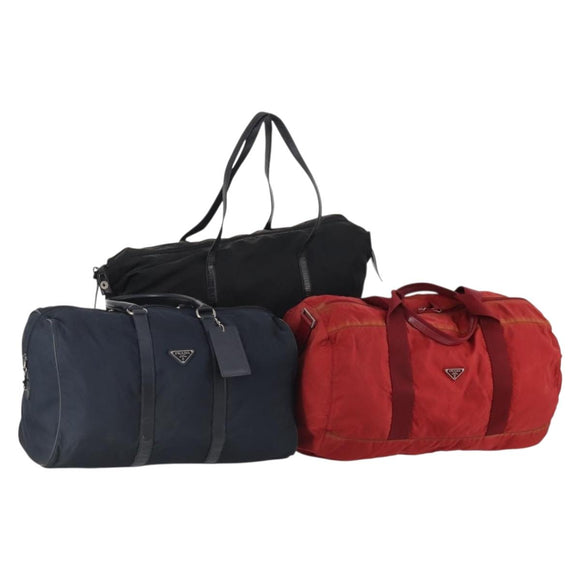 PRADA Boston Bag Nylon 3 Set Red Black Auth 174960