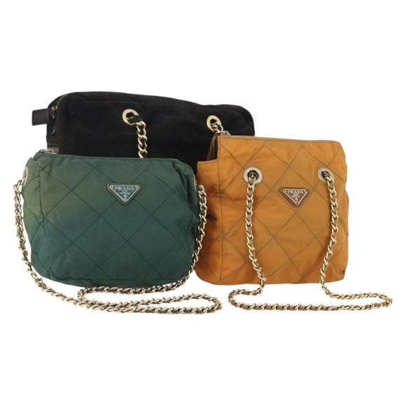 PRADA Chain Shoulder Bag Nylon 3 Set Beige Black Green Auth 174962