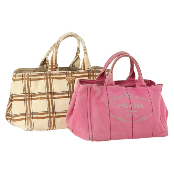 PRADA Canapa Hand Bag Canvas 2 Set Pink Beige Auth 174968