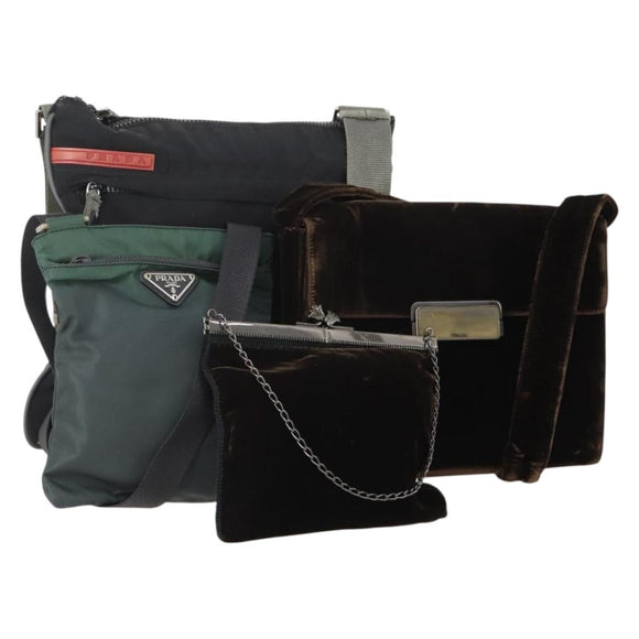 PRADA Shoulder Bag Nylon Velour 4 Set Black Green Auth 174976
