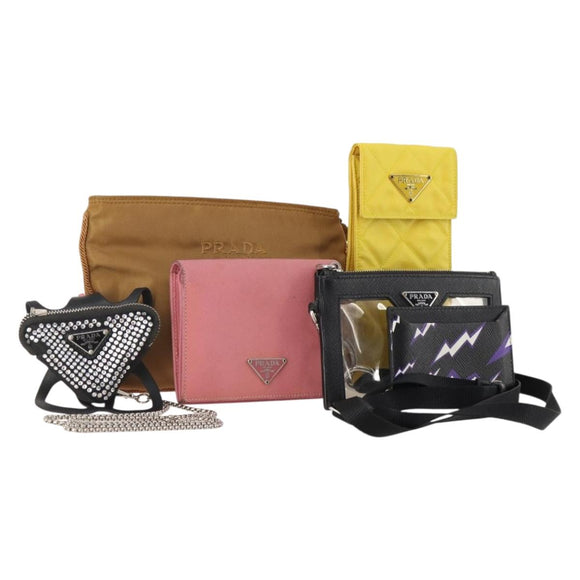 PRADA Pouch Nylon Leather 5 Set Black Yellow Brown Auth 174977