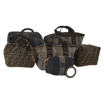 FENDI Pecan Canvas Hand Bag 5 Set Brown Black Auth 174984