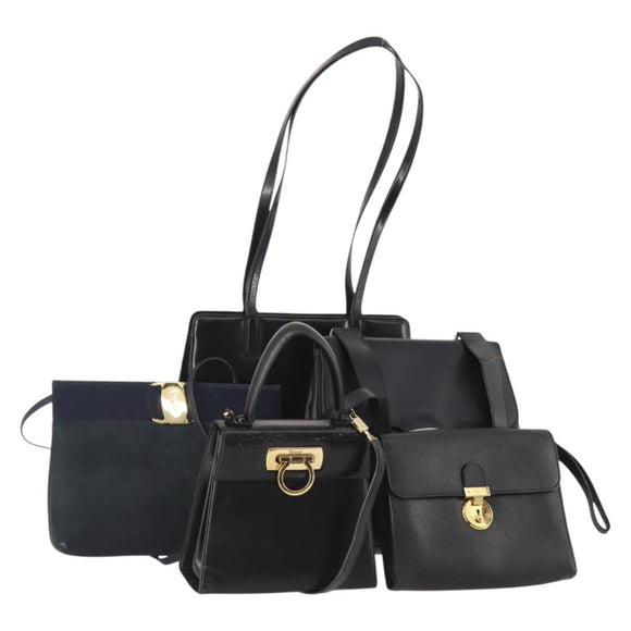Salvatore Ferragamo Hand Bag Suede Leather 5 Set Black Navy Auth 174986