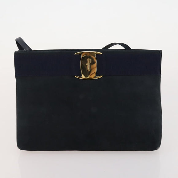 Salvatore Ferragamo Hand Bag Suede Leather 5 Set Black Navy Auth 174986