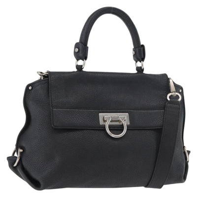 Salvatore Ferragamo Gancini Sofia Bag Leather 2way Black Silver Auth 175040A
