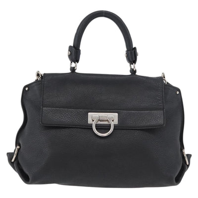 Salvatore Ferragamo Gancini Sofia Bag Leather 2way Black Silver Auth 175040A - 0