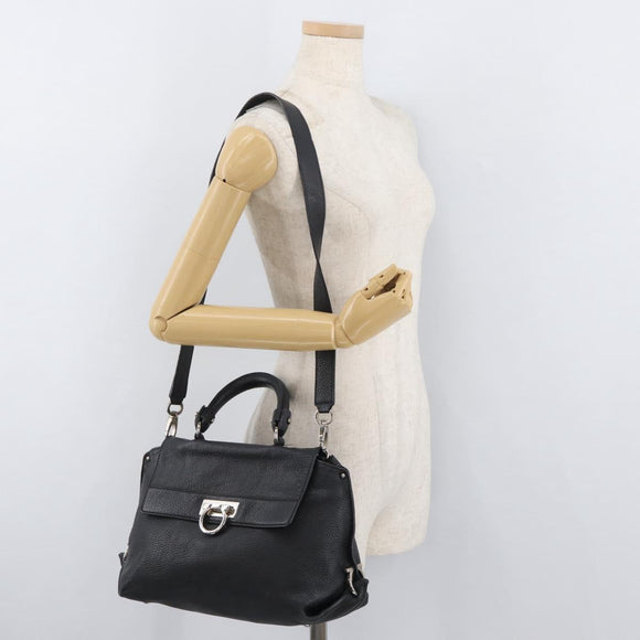 Salvatore Ferragamo Gancini Sofia Bag Leather 2way Black Silver Auth 175040A