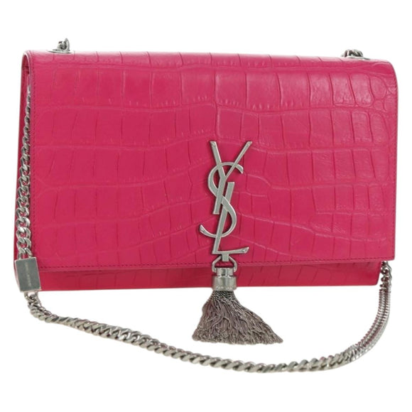 SAINT LAURENT Chain Shoulder Bag Leather Pink Silver Auth 175043SAM