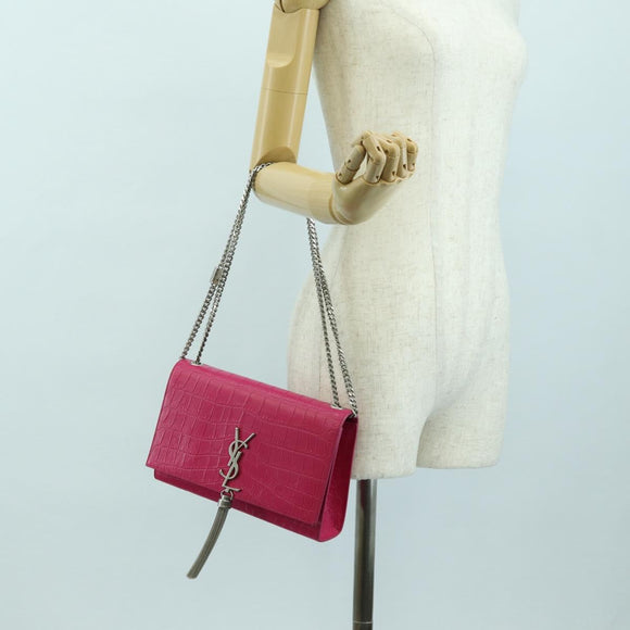 SAINT LAURENT Chain Shoulder Bag Leather Pink Silver Auth 175043SAM