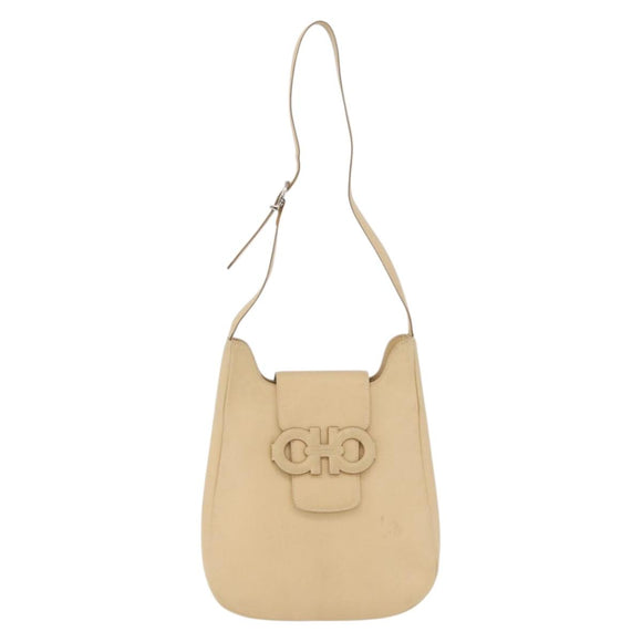 Salvatore Ferragamo Gancini Shoulder Bag Leather Beige Silver Auth 175046
