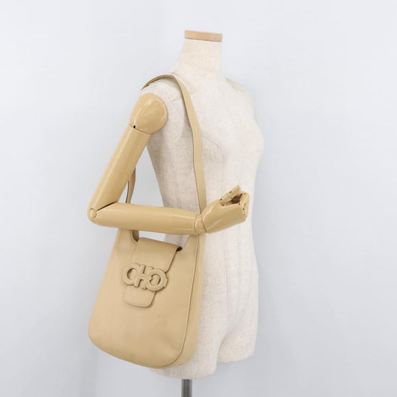 Salvatore Ferragamo Gancini Shoulder Bag Leather Beige Silver Auth 175046