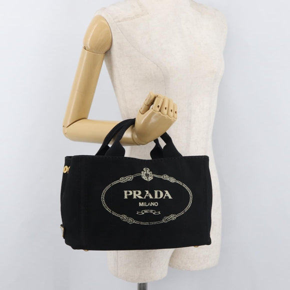 PRADA Canapa PM Hand Bag Canvas Black Gold Auth 175050SAM