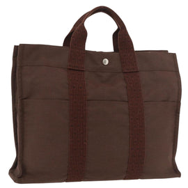 HERMES Her Line MM Hand Bag Canvas Brown Silver Auth 175053A