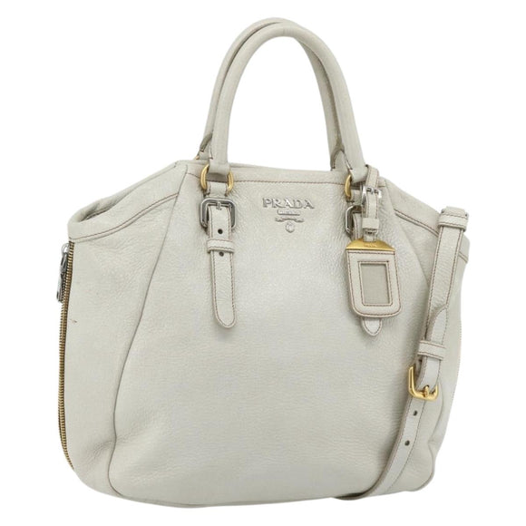 PRADA Hand Bag Leather 2way White Gold Silver Auth 175061A