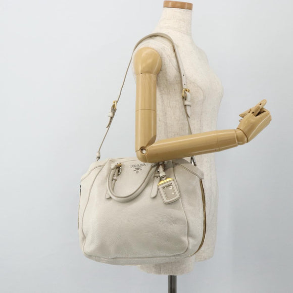 PRADA Hand Bag Leather 2way White Gold Silver Auth 175061A