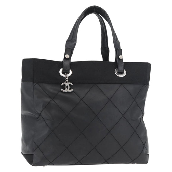 CHANEL Paris Biarritz Tote Bag Coated Canvas Black Silver CC Auth 175106A