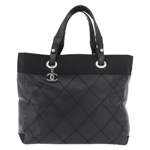 CHANEL Paris Biarritz Tote Bag Coated Canvas Black Silver CC Auth 175106A