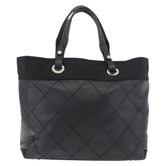 CHANEL Paris Biarritz Tote Bag Coated Canvas Black Silver CC Auth 175106A