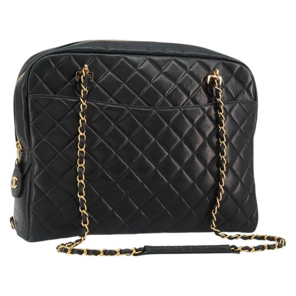 CHANEL Matelasse Shoulder Bag Lamb Skin Black Gold CC Auth 175111A