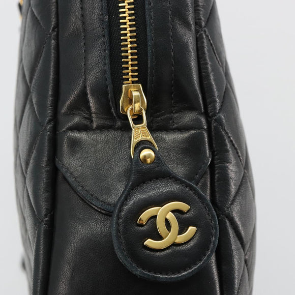 CHANEL Matelasse Shoulder Bag Lamb Skin Black Gold CC Auth 175111A