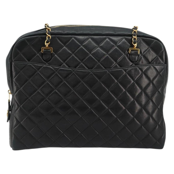 CHANEL Matelasse Shoulder Bag Lamb Skin Black Gold CC Auth 175111A