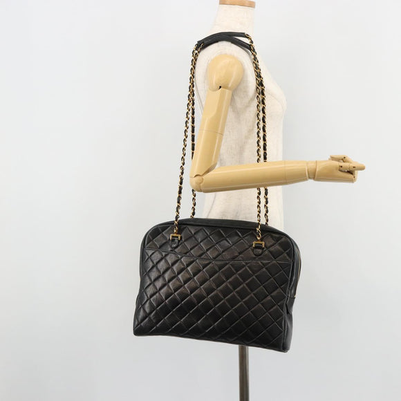 CHANEL Matelasse Shoulder Bag Lamb Skin Black Gold CC Auth 175111A