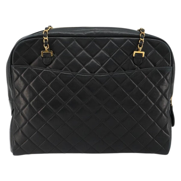 CHANEL Matelasse Shoulder Bag Lamb Skin Black Gold CC Auth 175111A