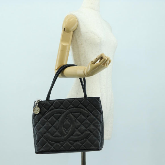 CHANEL Matelasse Reprint Tote Bag Caviar Skin Black Silver CC Auth 175126SAV