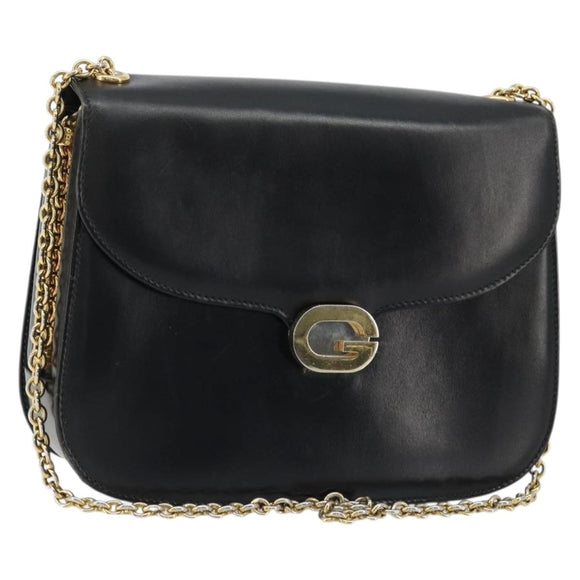 GUCCI Chain Shoulder Bag Leather Black Gold Auth 175138