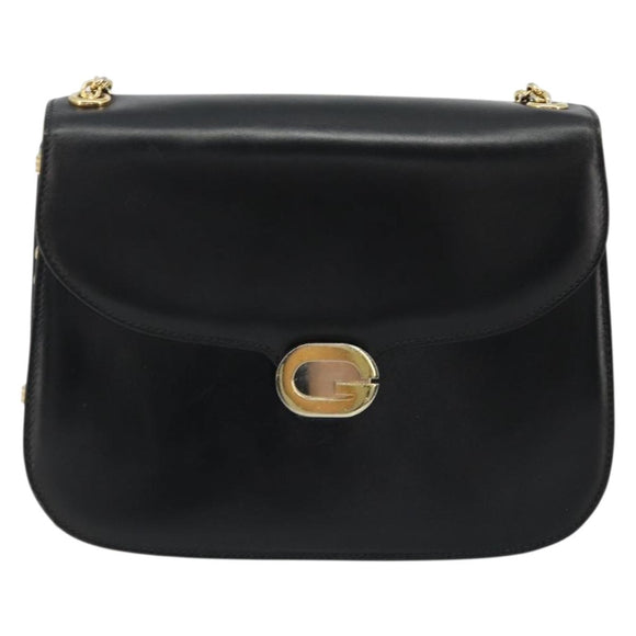 GUCCI Chain Shoulder Bag Leather Black Gold Auth 175138