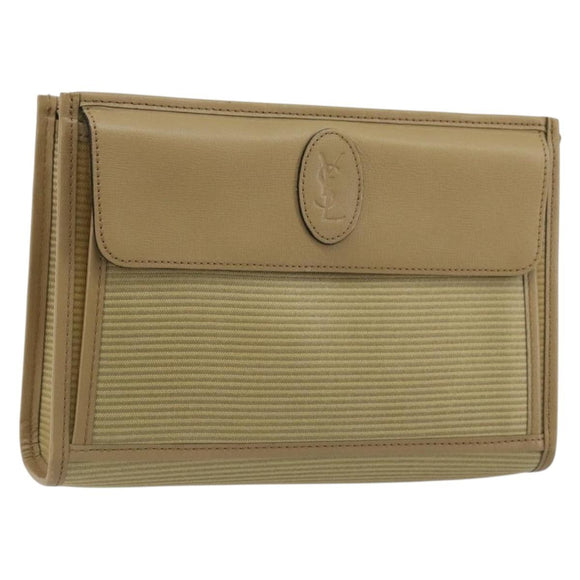 SAINT LAURENT Clutch Bag Coated Canvas Beige Gold Auth 175140
