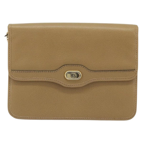 Christian Dior Chain Shoulder Bag Leather Beige Gold Auth 175143