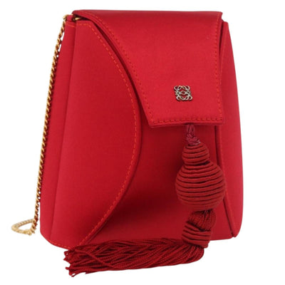 LOEWE Shoulder Bag Satin Red Gold Auth 175159A