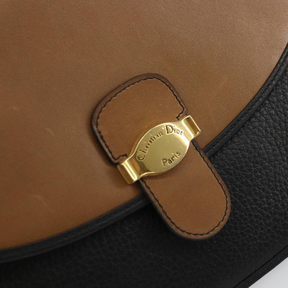 Christian Dior Chain Shoulder Bag Leather Black Gold Auth 175172