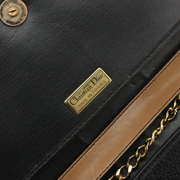 Christian Dior Chain Shoulder Bag Leather Black Gold Auth 175172