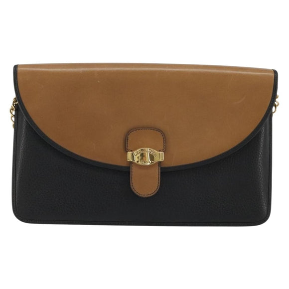 Christian Dior Chain Shoulder Bag Leather Black Gold Auth 175172