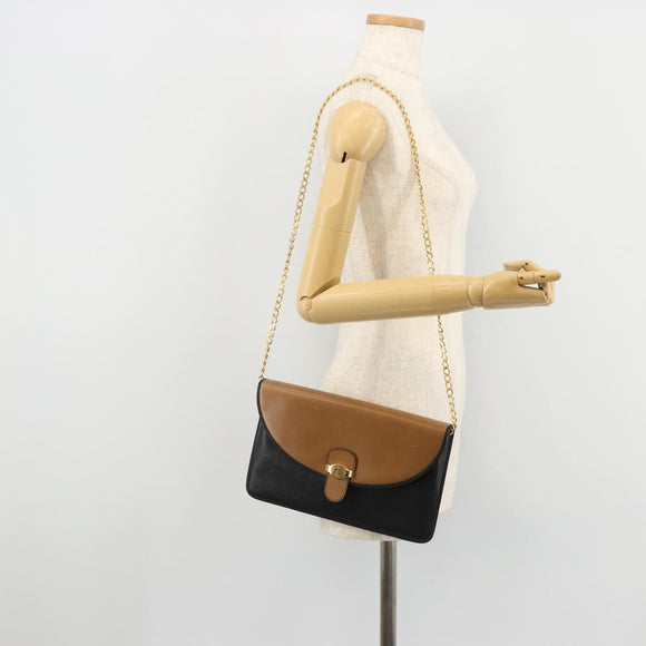 Christian Dior Chain Shoulder Bag Leather Black Gold Auth 175172