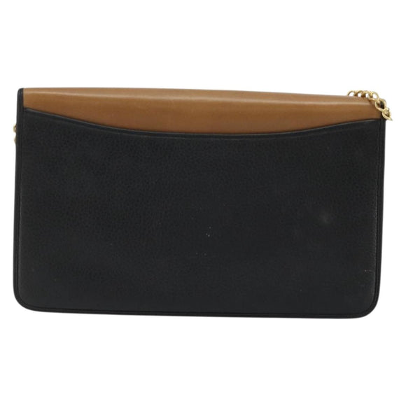 Christian Dior Chain Shoulder Bag Leather Black Gold Auth 175172