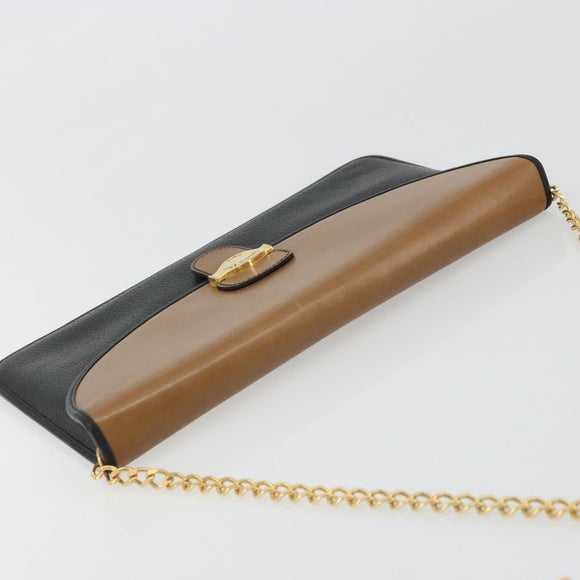 Christian Dior Chain Shoulder Bag Leather Black Gold Auth 175172