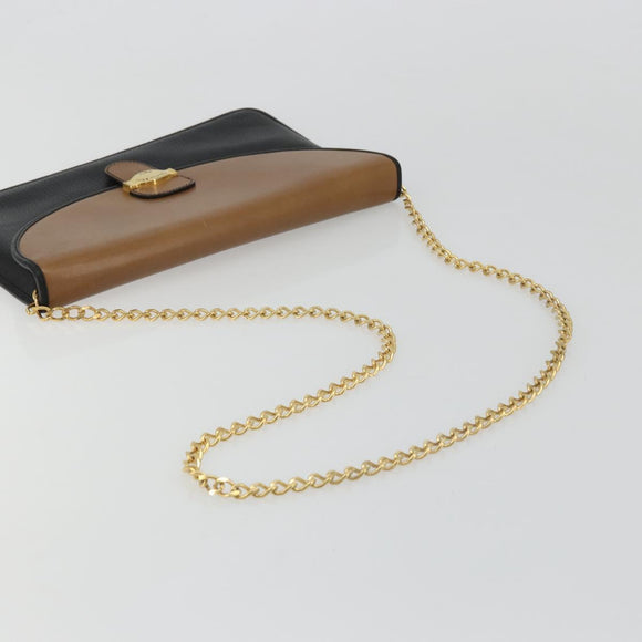 Christian Dior Chain Shoulder Bag Leather Black Gold Auth 175172