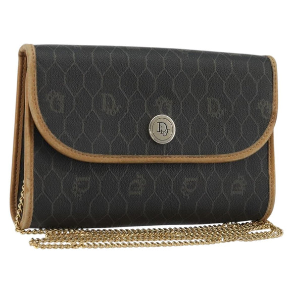Christian Dior Honeycomb Canvas Chain Shoulder Bag PVC Black Gold Auth 175177